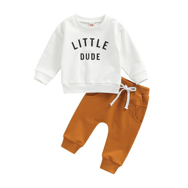 LITTLE DUDE Letter Print Sweatshirt Pant Baby Boy Clothing Set