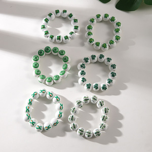 St. Patrick's Day White Wooden <b>Bead</b> <b>Bracelet</b> Green Hat Shamrock Design Women's Jewelry Round Shape Fashion <b>Bracelet</b> - Product Image 4