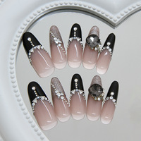 Ongles à presser de qualité salon, 30 pièces, fabriqués à la machine, longs, forme amande, French manucure noire, luxe, avec strass 3D et nœud, couverture complète, en ABS