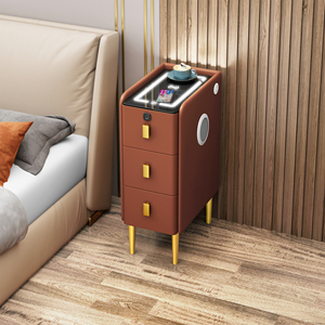 Modern Luxury Wood Smart <strong>30cm</strong> <strong>Bedside</strong> <strong>Table</strong> With Led Light Fingerprint Wireless Charging Speakers Drawer Hotel Bedroom Furniture - Product Image 1