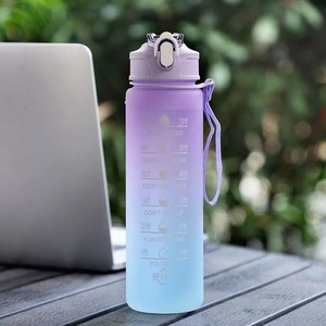 Botella de agua de plástico PC esmerilado degradado de 750 ml con marcador de tiempo motivacional, tapa con pajita abatible de un clic, botella deportiva portátil. - Product Image 4
