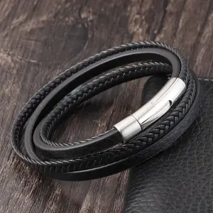 Simplemente diseñe la pulsera de cuero de los hombres de la joyería cuerda de cuero real con la pulsera de acero inoxidable 316l