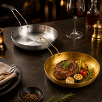 Plat de service coréen en acier inoxydable doré, rond, avec longue poignée, pour barbecue, dessert et vaisselle
