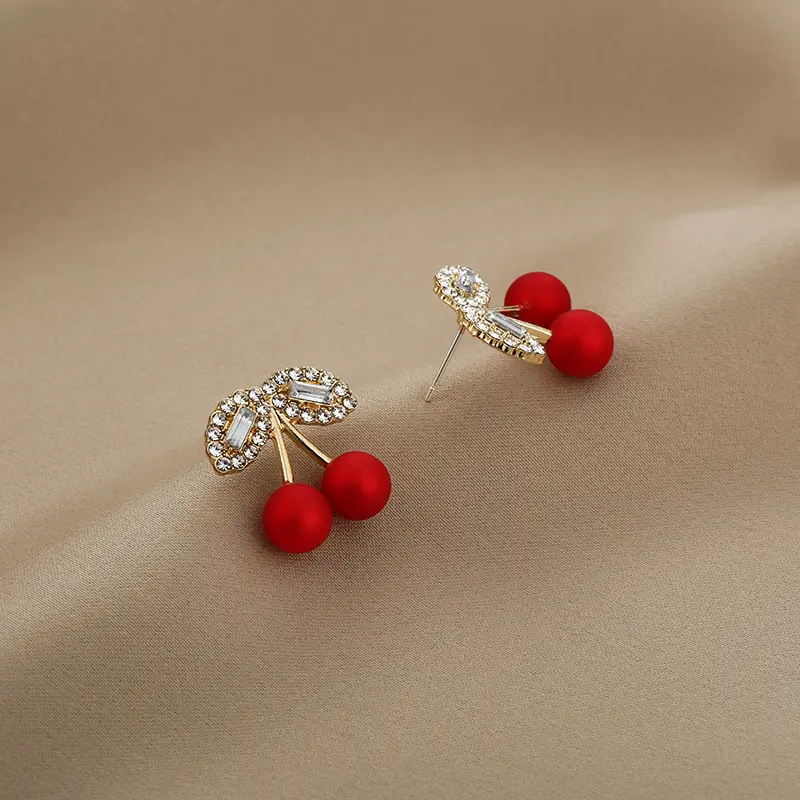 Delicate Ting Jewelry Red Petite Cherry Stud Earrings Women Girl Lovely Cute Exquisite Zircon Rhinestone Bowknot Usual Earrings