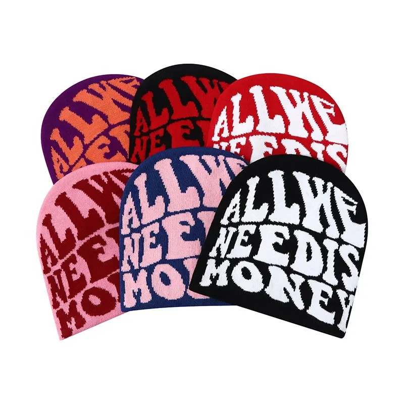 Mode Unisex Volledige Print Hip-Hop Gebreide Muts Letter Jacquard Manchetloze Beanie Muts