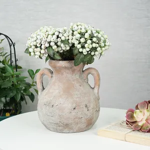 도매 테라코타 더블 핸들 라운드 항아리 골동품 장식 꽃병 중국 현대 꽃 꽃병 홈 장식