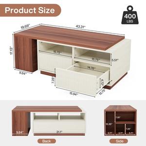 Table basse extensible rectangulaire en bois au design personnalisé avec dessus de table réversible 2 tiroirs et étagères de rangement - Product Image 5