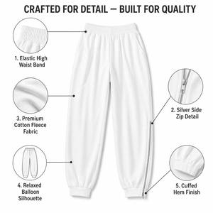 <span class=keywords><strong>Pantaloni</strong></span> Jogger Bianchi a Vita Alta <span class=keywords><strong>con</strong></span> Zip, Gamba Dritta e Vestibilità Comoda, <span class=keywords><strong>Pantaloni</strong></span> Sportivi da Donna <span class=keywords><strong>con</strong></span> Cerniera Laterale, Produzione all'Ingrosso OEM Personalizzata - Product Image 2
