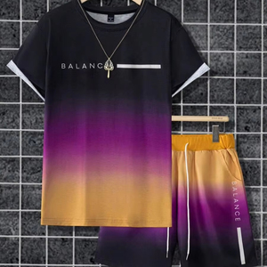 2pcs set letter-print gradient short-sleeved <b>T</b>-<b>shirt</b> and shorts suitable for comfortable summer wear Customization available.F10 - Product Image 1