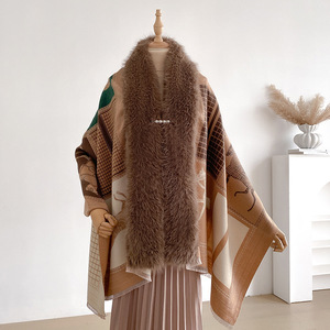 Chal de Invierno de Marca de Lujo para Mujer, Diseño Geométrico de Animales, Sensación de Cachemira, Chal Poncho con Cuello de Piel Sintética para Fiesta - Product Image 1