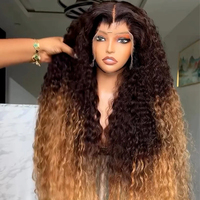 Perruque bouclée en cheveux humains brun foncé blond miel, pré-colorée, avec dentelle HD transparente, sans colle, pour femme