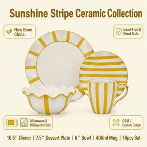 OEM ODM Nouvelle vaisselle en porcelaine fine 16 pièces, motif rayures soleil, peinte à la main, <span class=keywords><strong>assiettes</strong></span> en porcelaine à imprimé rayons de soleil jaunes, portables et réutilisables - Product Image 2