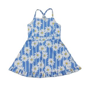 Robe de yoga pour petite fille, motif marguerite rayée bleue, collection GSD2283, vente en gros, ensemble enfant à manches courtes. - Product Image 1