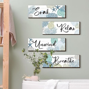 Ensemble d'ornements muraux en bois KingWIN, 4 pièces, thème océan, décoration de salle de bain, panneau artisanal rectangulaire, décoration de la maison - Product Image 2