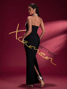 Vestido de Fiesta Largo con Cola Asimétrica, Escote Bardot, Cintura Imperio, Color Negro Perla, Transpirable, para Mujer - Product Image 2