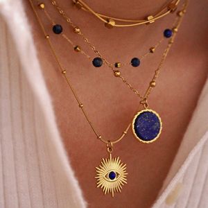 Gold Plated Lapis Lazuli Pendant Necklace Women Bohemia Style Eye Charm Beaded Layered Chain Jewelry <b>Star</b> Pattern Circle <b>Design</b> - Product Image 2