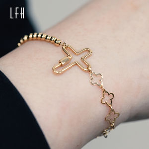 Cross Pendant 18K Real Gold Cross Beaded Bracelet Bead <b>Charms</b> Bracelet Au750 Gold 18k Real Bracelet - Product Image 2
