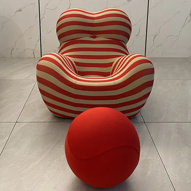 Classical Red Stripes Upholstered Mamma Chair Leisure Chair with Ball Pouffe