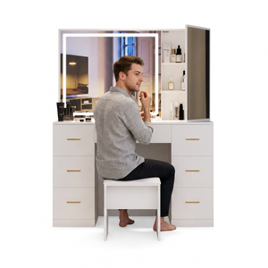 <span class=keywords><strong>Coiffeuse</strong></span> moderne blanche 1000-1200 mm avec miroir LED éclairé et tabouret, 5 tiroirs, pour chambre à coucher - Product Image 2