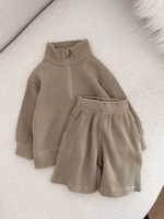 Ensemble haut gaufré et short unisexe à demi-zip pour garçons et filles, 300g d'épaisseur, 100% coton, gaufré pour bébé