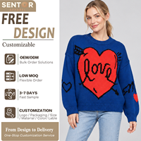 Pull en tricot surdimensionné pour femmes, col rond, motif cœur jacquard, pour la Saint-Valentin, personnalisable OEM ODM, faible MOQ