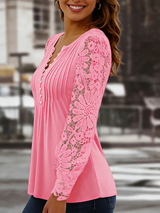 Blusa de Mujer Talla Grande Rosa Vibrante con Manga Farol de Encaje, Cuello V Festoneado, Botones Delanteros y Pliegues, Túnica para Primavera y Otoño - Product Image 6