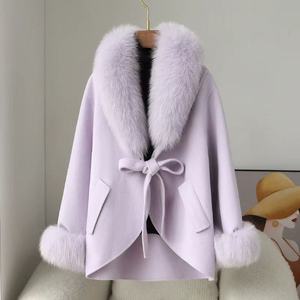 Роскошное женское двустороннее шерстяное пальто с натуральным мехом лисы, свободная кашемировая накидка, элегантный модный дизайн, зимняя куртка с поясом - Product Image 2