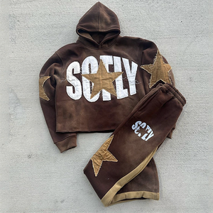 Trajes de jogging con serigrafía personalizada Conjunto de pantalones de chándal acampanados y Sudadera con capucha de 2 piezas Chándales de lavado ácido vintage unisex para hombres - Product Image 2