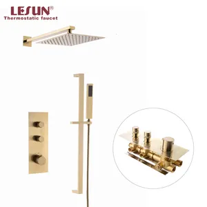 LESUN Wall Mounted bathroom top sprayer shower head thermostatic bath faucet mixer brushed gold rain shower set