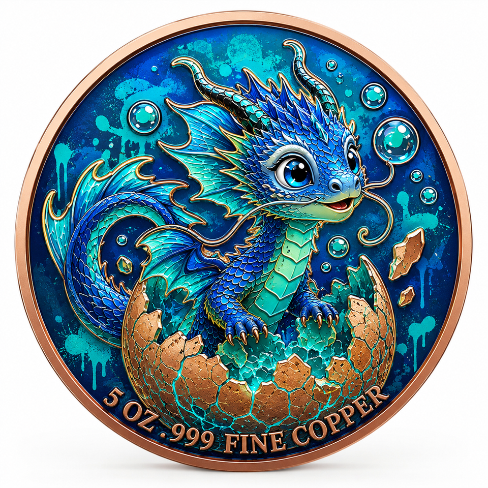 1 oz 999 Pure Copper Casting Cybernetic Baby Dragon Coin High Relief UV ...