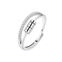 Bague anti-stress en argent sterling 925 avec zircon, ajustable, double couche, pour femme