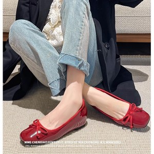 New Style Women's Red Patent Leather Wedding Shoes Ballet <b>Flats</b> Bows Light-Weight Insole Height-Increasing Bridal Summer - Product Image 3