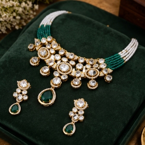 Stylish 925 <b>Silver</b> Necklace and Earrings Set with Green Drops and White Beads Elegant Indian Bridal Party Jewelry - Product Image 1