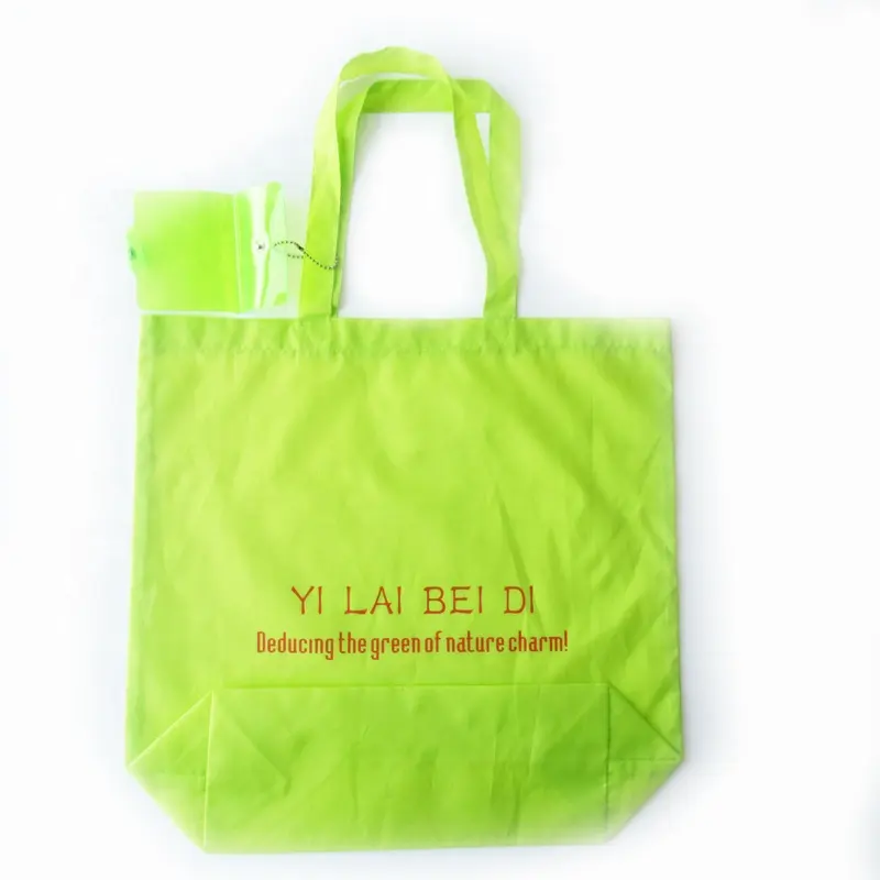 Roll Up Long Handle Reusable Eco Foldable Promotion Shopper Bag Grocery Folding Shopping Tote Bag With PVC Pouch