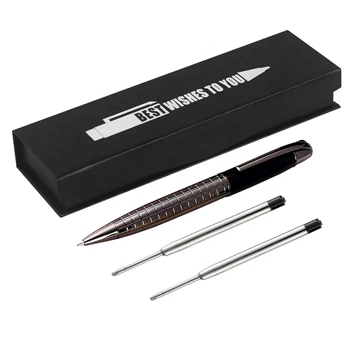 Business Hot Selling Custom Luxus Metallstift Set mit Black Box Metall Kugelschreiber Gun Black Pens, 2 Pack 4 Nachfüllungen