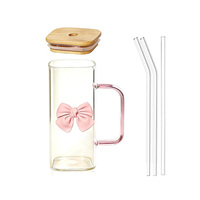 Gobelet carré en verre borosilicate de 380 ml avec couvercle et paille en verre, motif nœud papillon, pour boissons chaudes et froides, avec nœuds personnalisés