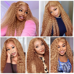 # Perruque bouclée Deep Wave pré-plumée 200 % de densité, <span class=keywords><strong>blond</strong></span> miel, 38 pouces, perruque frontale en dentelle HD transparente 13x6, <span class=keywords><strong>cheveux</strong></span> humains - Product Image 6