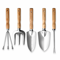 Ensemble d'outils de jardinage professionnels 5 pièces en acier inoxydable, pelle, bêche, fourche, désherbeur robustes avec manche ergonomique en bois pour la plantation