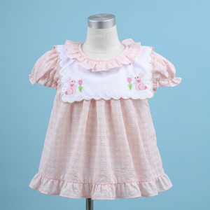 Robe mi-longue rose personnalisable 100 % coton coupe trapèze avec broderie main 3D lapin et rose pour filles, été, OEM ODM, vente en gros BB3171 - Product Image 1