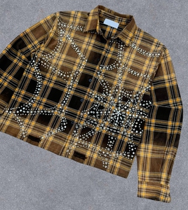 Youmi Tùy Chỉnh Retro Hoa Nút Áo Sơ Mi Cho Nam Giới 100% Cotton Axit Rửa Đau Khổ Flannel Rhinestone Ve Áo Thời Trang Đường Phố - Product Image 3