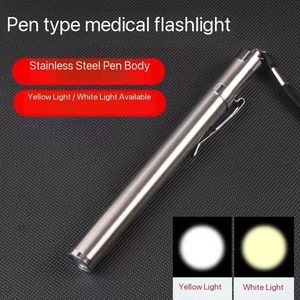 Portable 3W LED Stylo Flash Lumière Mini Lumière Jaune En Acier Inoxydable EDC Urgence Médicale <span class=keywords><strong>Camping</strong></span> T6 AA Clip Étanche - Product Image 4