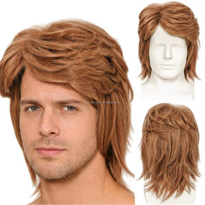 Parrucca Corta Marrone da Uomo con Riccioli Esterni e Frangia Lunga Laterale, <span class=keywords><strong>Capelli</strong></span> Lisci, Rete in Seta Rosa, Fibra Resistente alle Alte Temperature - Product Image 1