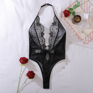 Yicheng Lingerie <span class=keywords><strong>Sexy</strong></span>, Body Halter con Apertura all'Inguine, Trasparente con Inserti in Pizzo e Rete, Schiena Scoperta, Parte Anteriore Traforata, Abbigliamento Intimo Femminile - Product Image 2