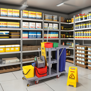 Janitorial Cart With 3 Shelves Partially Enclosed <b>Plastic</b> Frame 4 Swivel Casters Built-In Shelf Red <b>Bucket</b> Included - Product Image 5