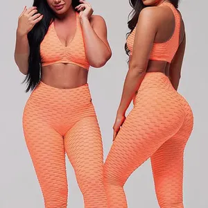 Özel Logo spor kadınlar yüksek bel spor egzersiz kıyafeti iki parçalı Yoga setleri sutyen Biustonosz ve Leggins Yoga seti