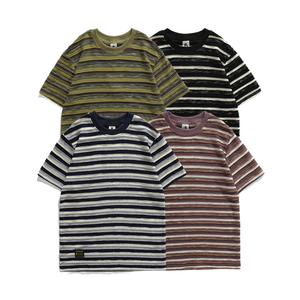 Camiseta Corta de Verano al por Mayor, Nueva, Estilo Urbano, 100% Algodón, Ecológica, Transpirable, con Parches de Colores, a Rayas, Holgada, Informal, con Cuello Redondo - Product Image 1