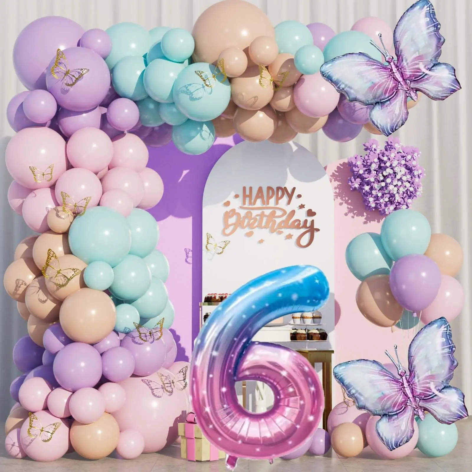 Dekorasi kupu-kupu ulang tahun anak perempuan 6 Tahun Balon Garland kupu-kupu ungu kupu-kupu pesta ulang tahun Set untuk anak perempuan ulang tahun ke-6