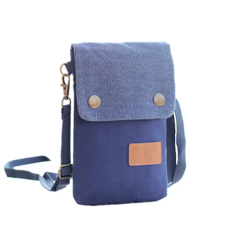 Tas selempang dompet ponsel kanvas, tas selempang modis warna polos dengan tombol logam