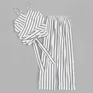 Seksi yaz Womans giyim 2 parça iki parçalı Set çizgili öz-kravat Cami üst ve geniş bacak pantolon rahat 100% Polyester örgü