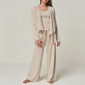 Benutzer definierte 100% Wolle 3 Stück Frau Pyjamas Strick Cardigan Sweater Tops und Hosen Lounge wear Set für Frauen